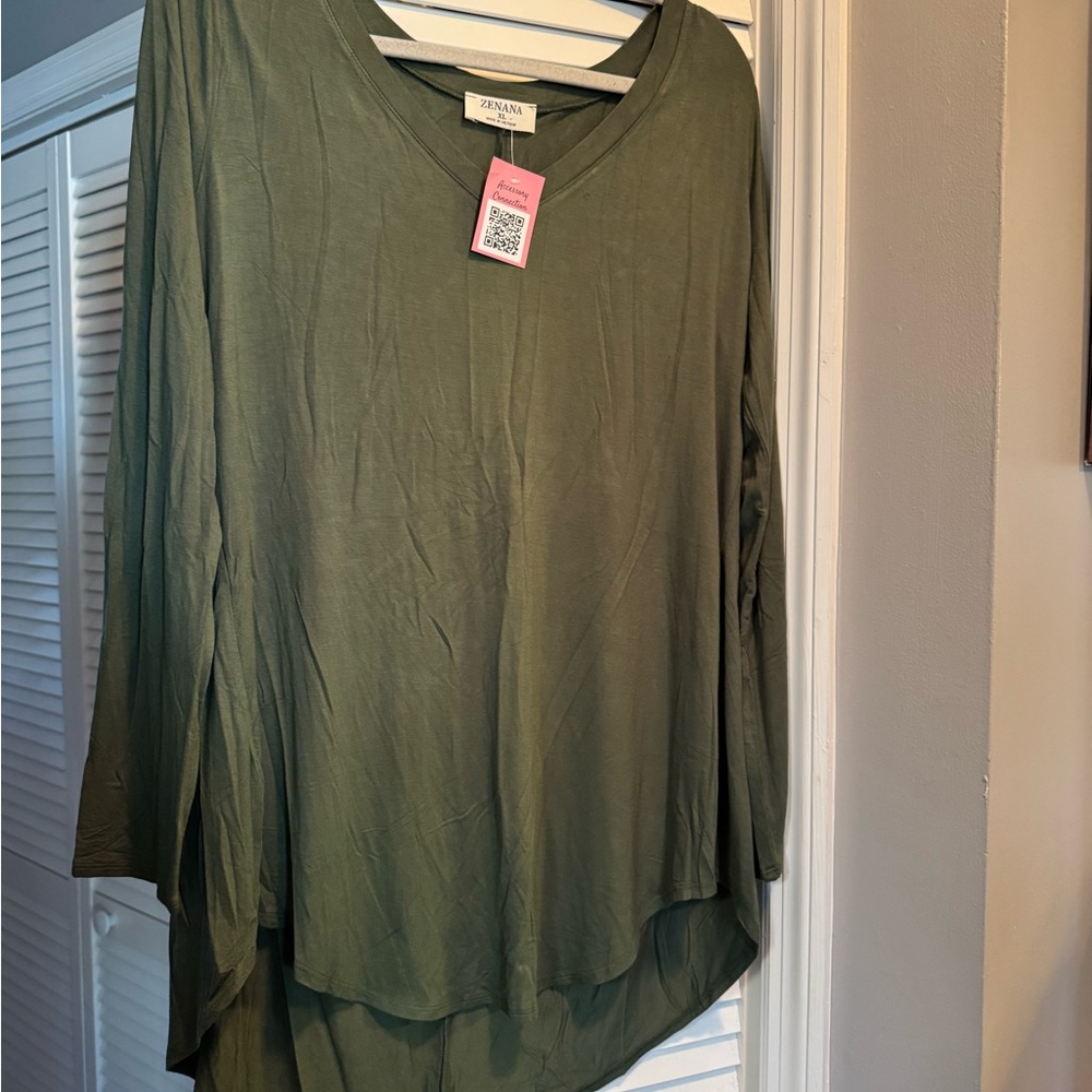 Brand New with tag.  Zenana Khaki Green V-Neck Top